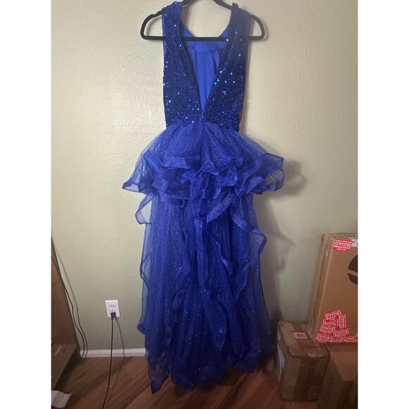 Zeeyecie Sequin High Neck Royal Blue Prom Dress Sparkly Tulle Ball Gown 8 - Picture 5 of 6